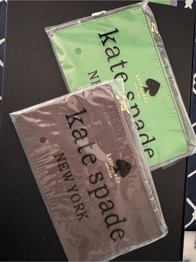 kate spade Mint Green and Taupe Logo Zip Pouch Set
